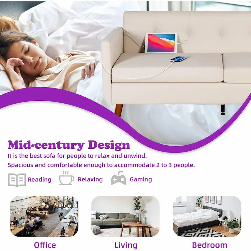 Causeuse/Petit canapé moderne de 65 pouces avec 2 ports de chargement USB