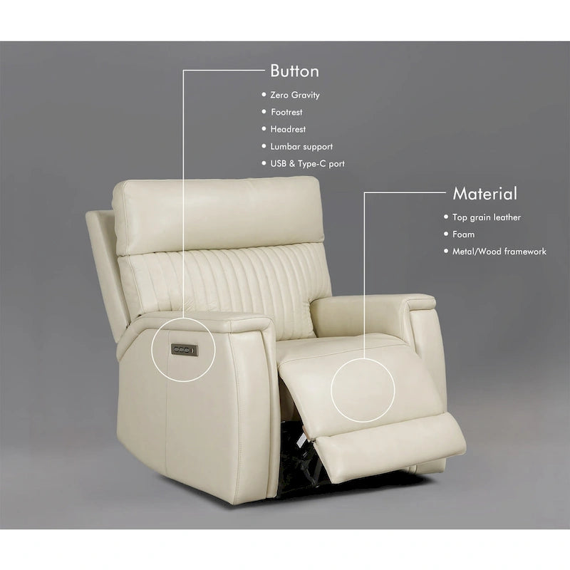 Fauteuil inclinable électrique zéro gravité en cuir avec appuie-tête électrique, soutien lombaire électrique et ports USB/USB-C