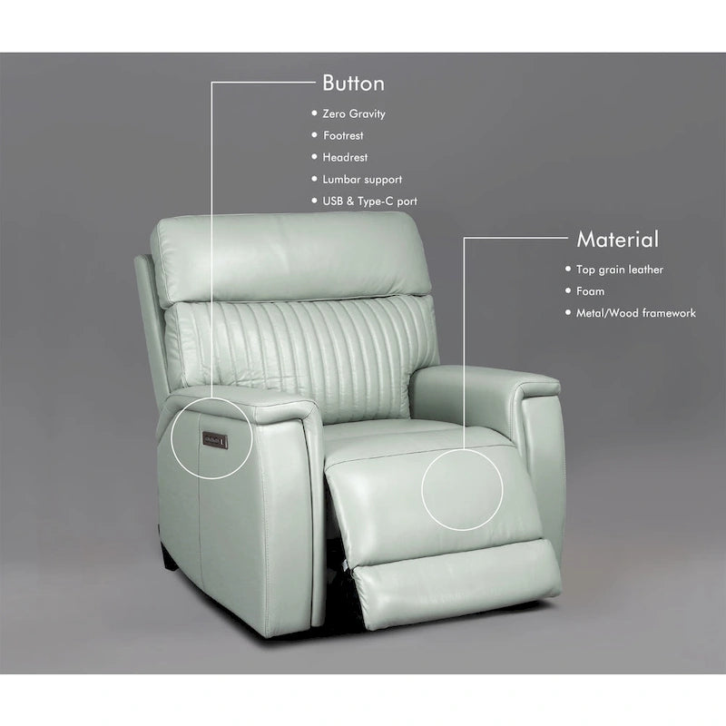 Fauteuil inclinable électrique zéro gravité en cuir avec appuie-tête électrique, soutien lombaire électrique et ports USB/USB-C