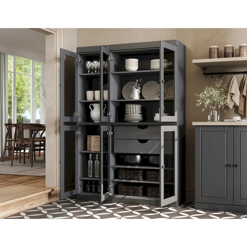 Buffet de cuisine/garde-manger en bois massif de 48,5 po avec portes vitrées et tiroirs