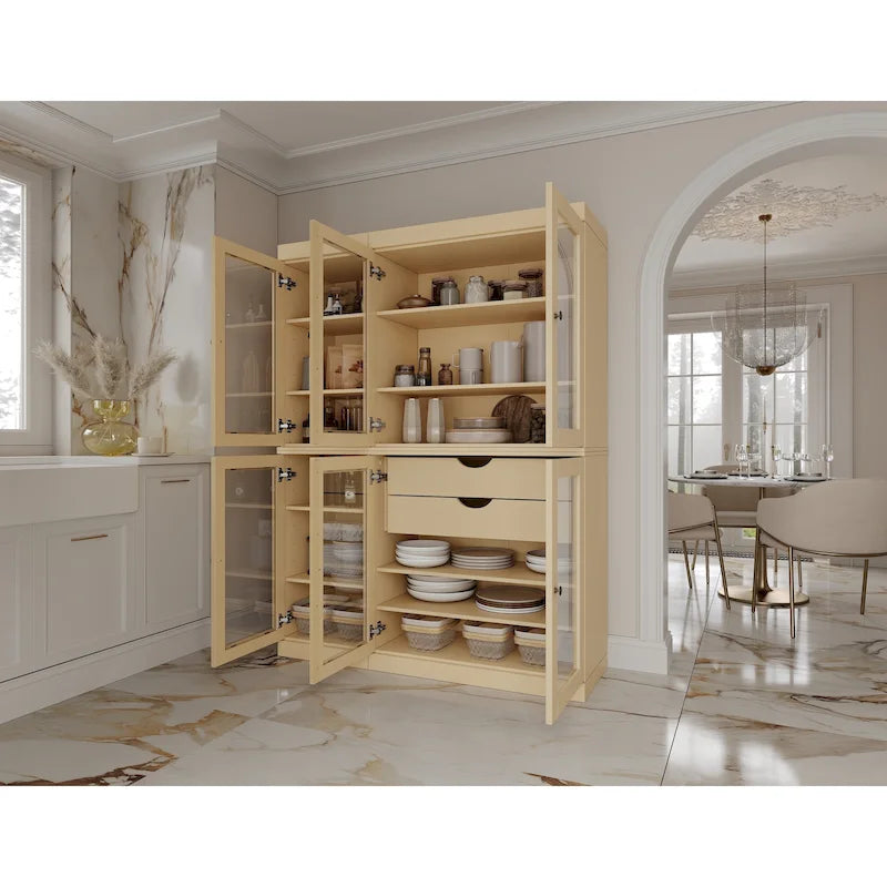 Buffet de cuisine/garde-manger en bois massif de 48,5 po avec portes vitrées et tiroirs