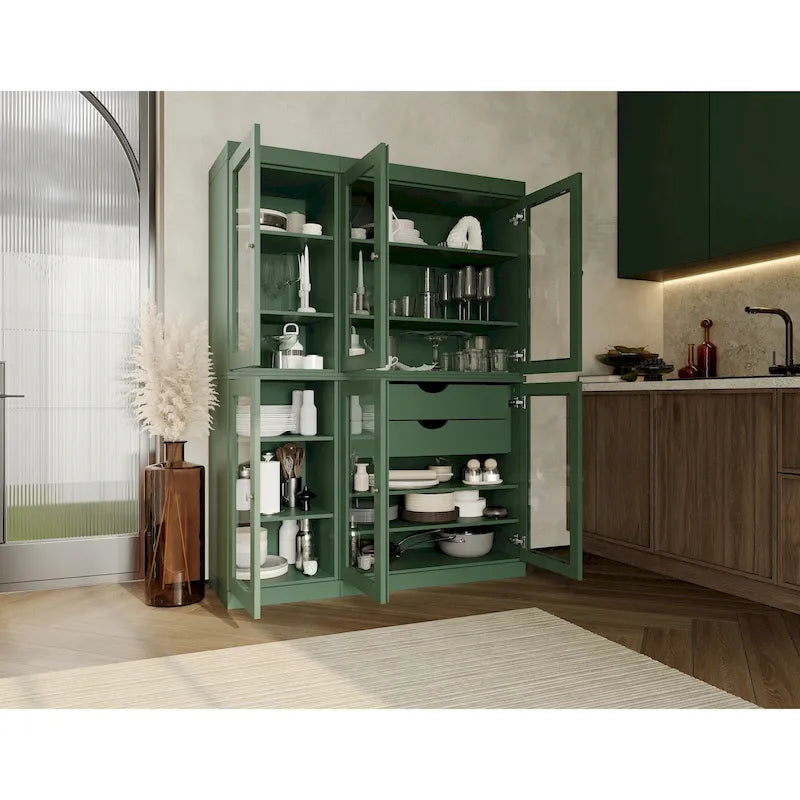Buffet de cuisine/garde-manger en bois massif de 48,5 po avec portes vitrées et tiroirs