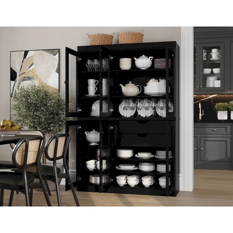 Buffet de cuisine/garde-manger en bois massif de 48,5 po avec portes vitrées et tiroirs