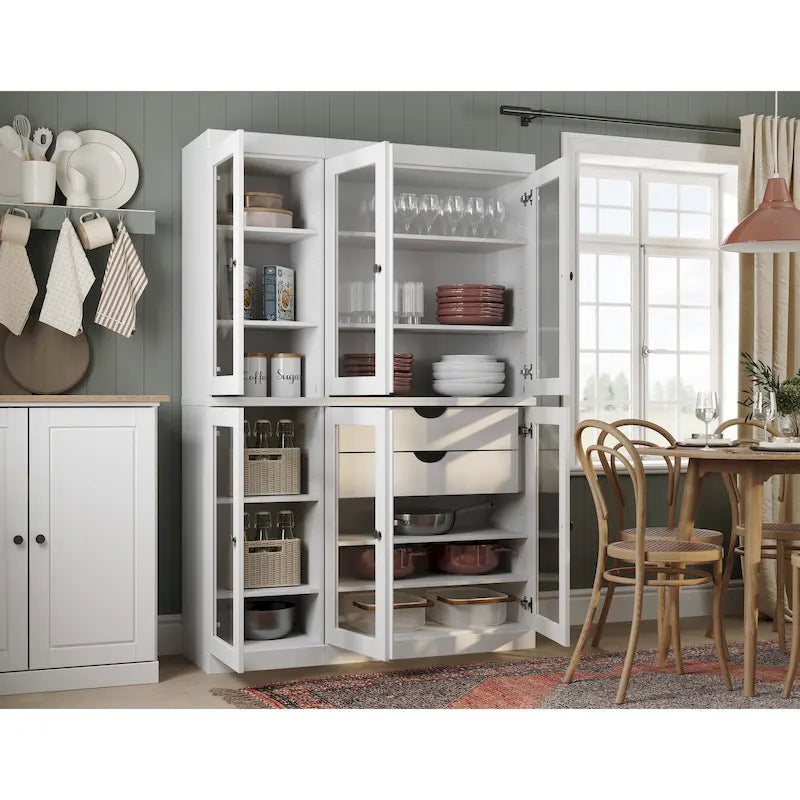 Buffet de cuisine/garde-manger en bois massif de 48,5 po avec portes vitrées et tiroirs