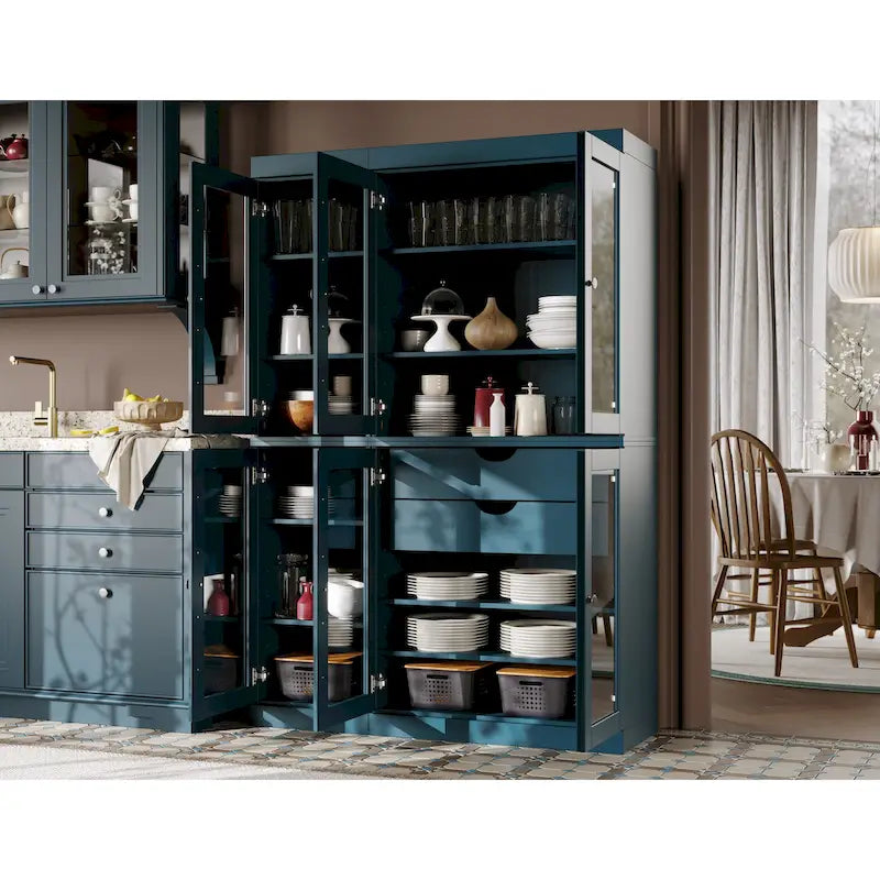 Buffet de cuisine/garde-manger en bois massif de 48,5 po avec portes vitrées et tiroirs