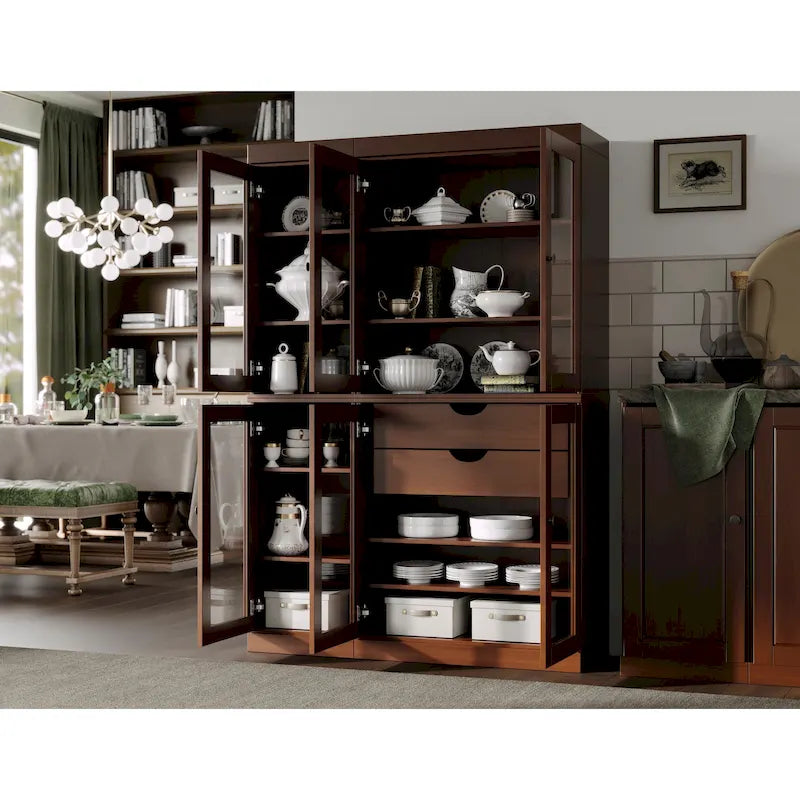 Buffet de cuisine/garde-manger en bois massif de 48,5 po avec portes vitrées et tiroirs