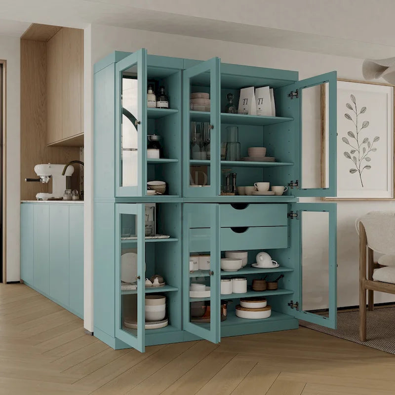 Buffet de cuisine/garde-manger en bois massif de 48,5 po avec portes vitrées et tiroirs