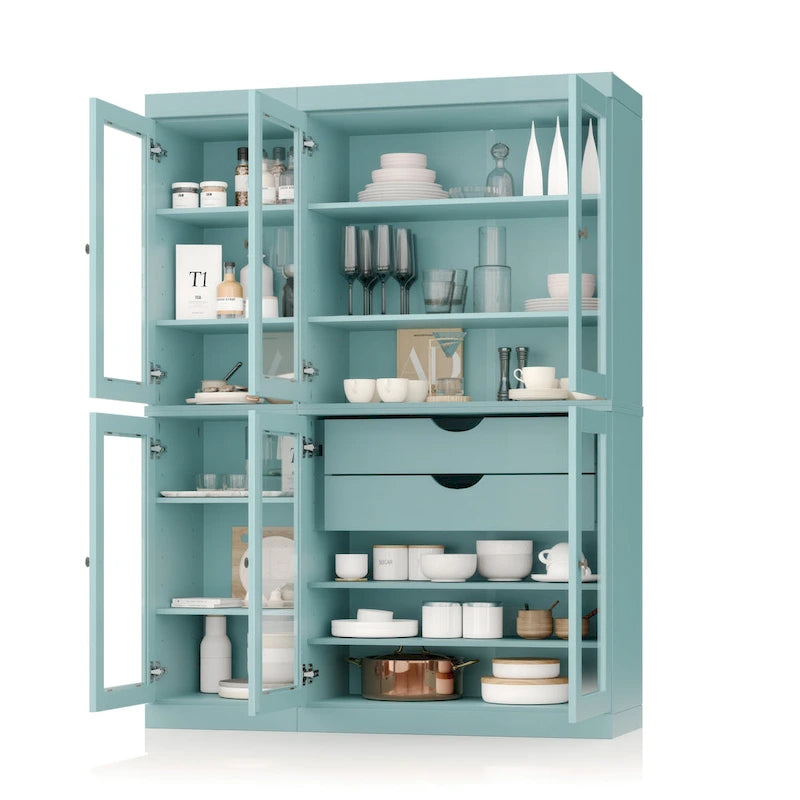 Buffet de cuisine/garde-manger en bois massif de 48,5 po avec portes vitrées et tiroirs