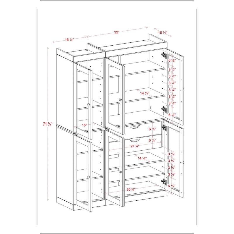 Buffet de cuisine/garde-manger en bois massif de 48,5 po avec portes vitrées et tiroirs