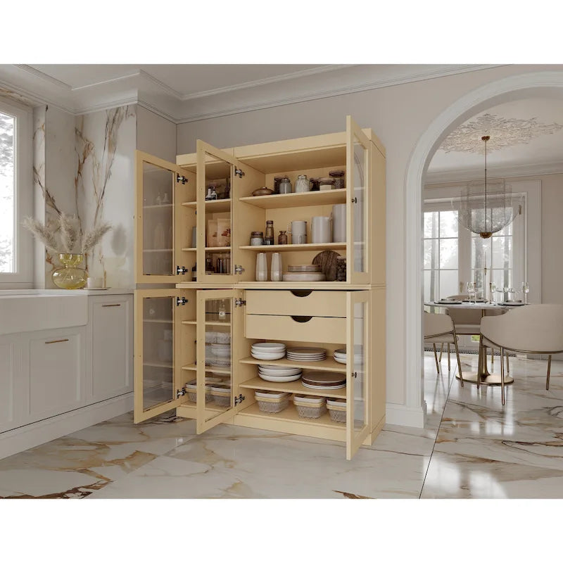 Buffet de cuisine/garde-manger en bois massif de 48,5 po avec portes vitrées et tiroirs