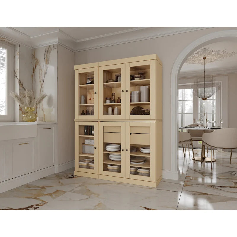 Buffet de cuisine/garde-manger en bois massif de 48,5 po avec portes vitrées et tiroirs