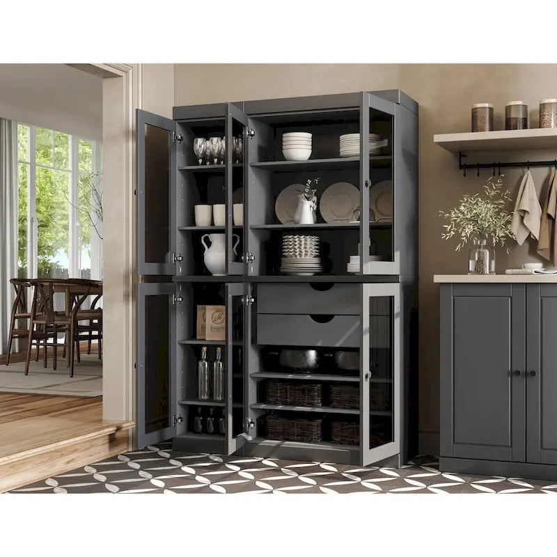 Buffet de cuisine/garde-manger en bois massif de 48,5 po avec portes vitrées et tiroirs