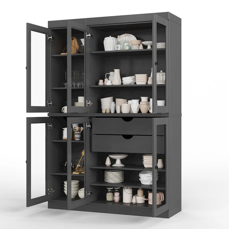 Buffet de cuisine/garde-manger en bois massif de 48,5 po avec portes vitrées et tiroirs