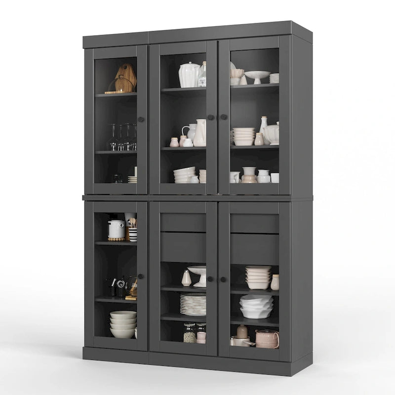 Buffet de cuisine/garde-manger en bois massif de 48,5 po avec portes vitrées et tiroirs