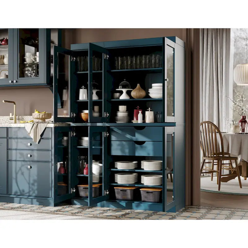 Buffet de cuisine/garde-manger en bois massif de 48,5 po avec portes vitrées et tiroirs
