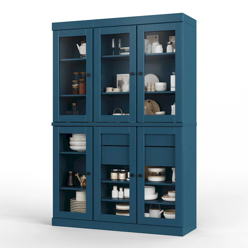 Buffet de cuisine/garde-manger en bois massif de 48,5 po avec portes vitrées et tiroirs