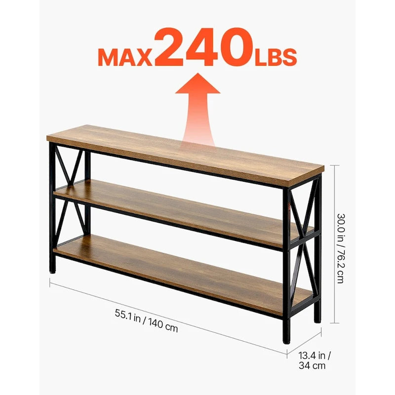 Console de couloir longue à 3 niveaux — MDF marron et noir avec cadre en métal