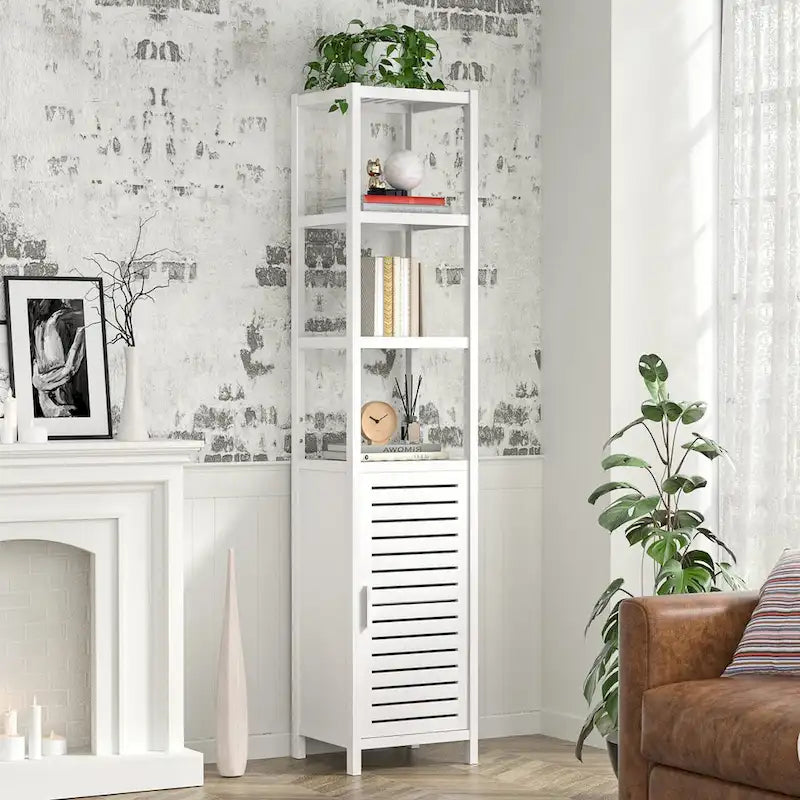 Colonne de rangement de salle de bain en bambou de 170 cm — 6 niveaux avec porte à persiennes et étagères ouvertes