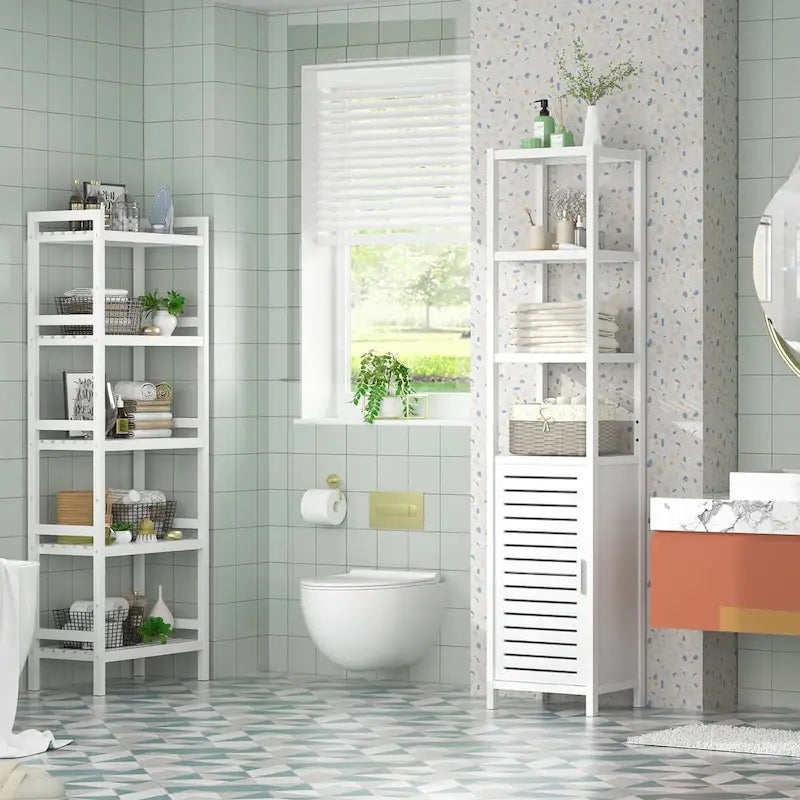 Colonne de rangement de salle de bain en bambou de 170 cm — 6 niveaux avec porte à persiennes et étagères ouvertes