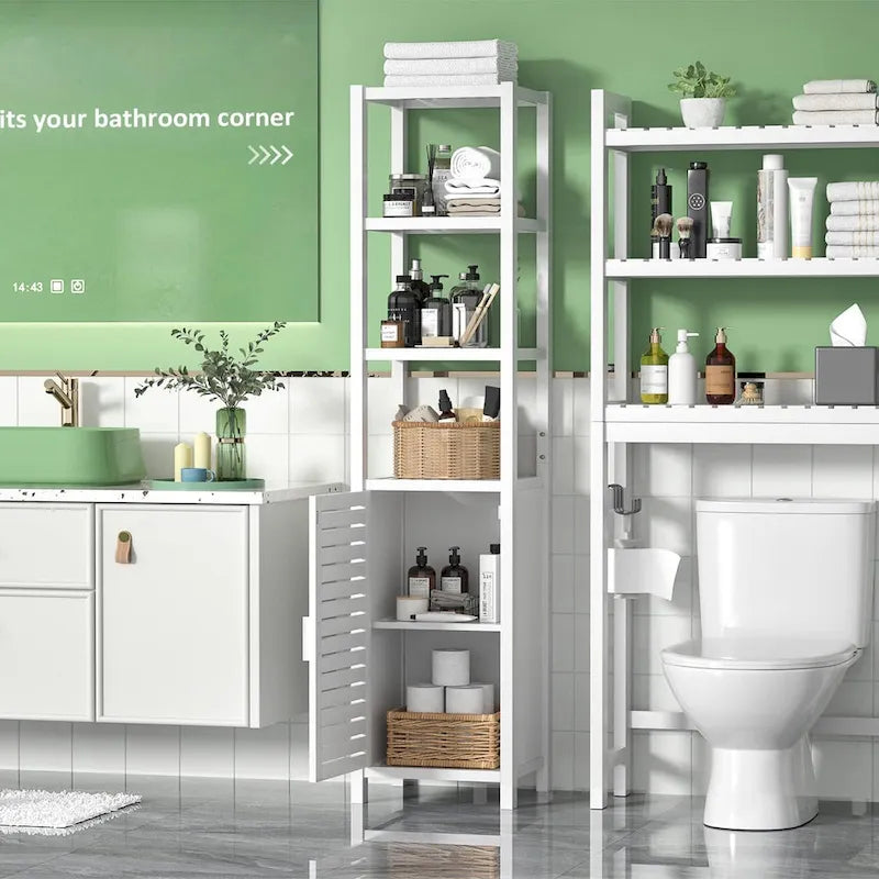 Colonne de rangement de salle de bain en bambou de 170 cm — 6 niveaux avec porte à persiennes et étagères ouvertes