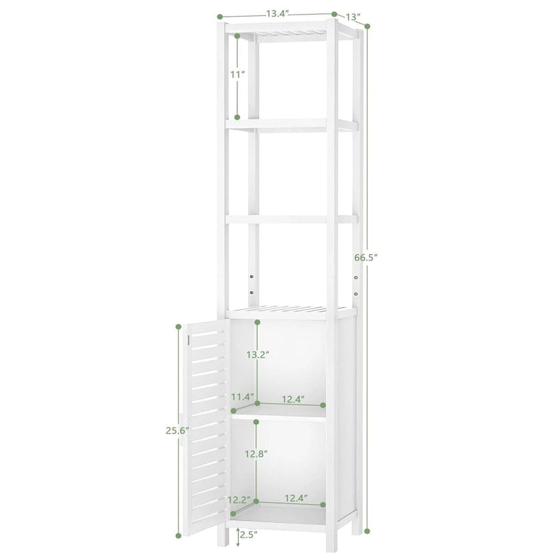 Colonne de rangement de salle de bain en bambou de 170 cm — 6 niveaux avec porte à persiennes et étagères ouvertes