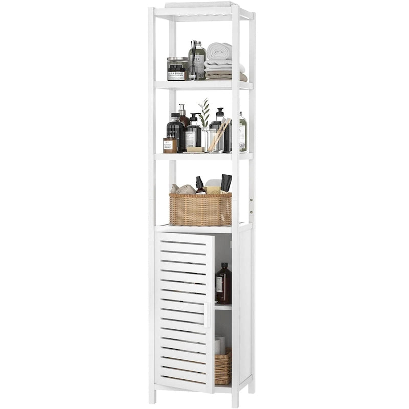 Colonne de rangement de salle de bain en bambou de 170 cm — 6 niveaux avec porte à persiennes et étagères ouvertes