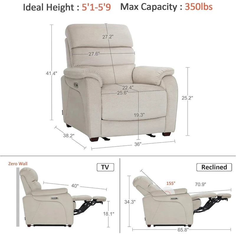Fauteuil inclinable électrique mural zéro dégagement avec appui-tête réglable — Design compact