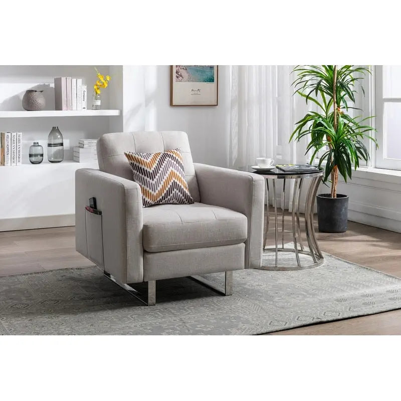 Fauteuil d'appoint en lin avec pieds en métal, poches latérales et oreiller