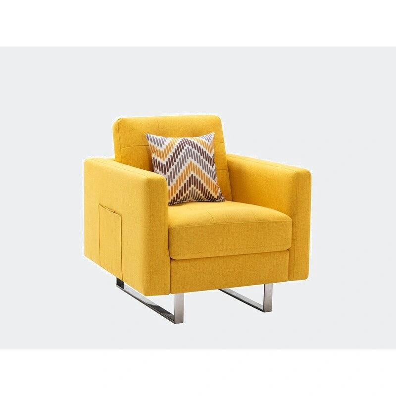 Fauteuil d'appoint en lin avec pieds en métal, poches latérales et oreiller