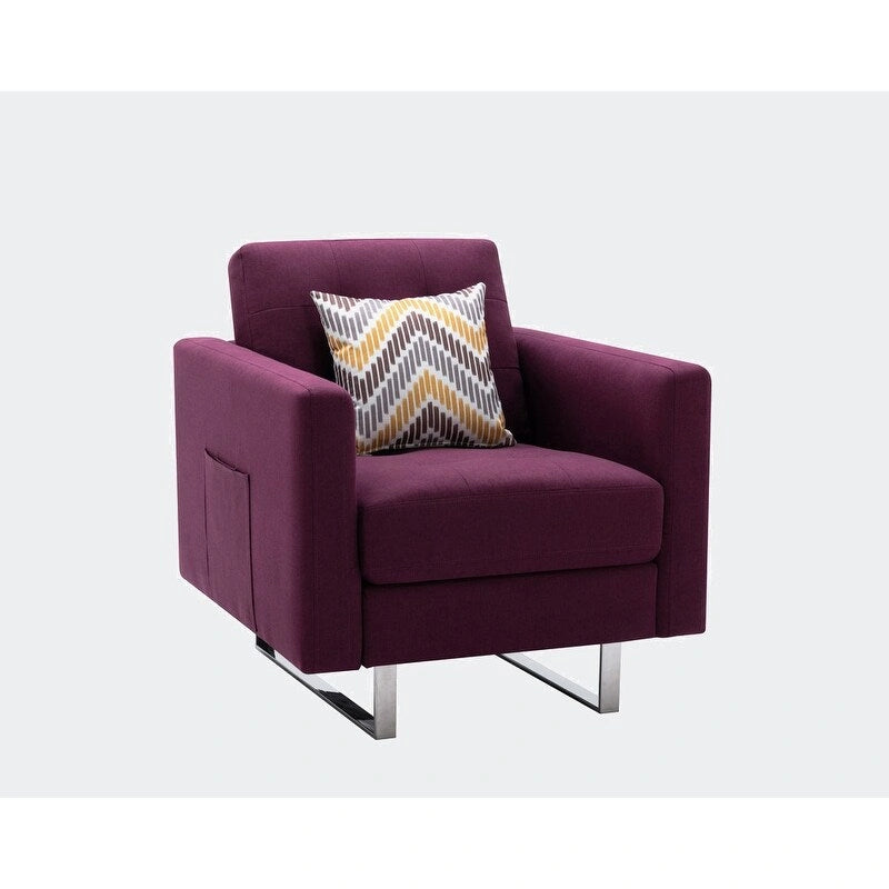 Fauteuil d'appoint en lin avec pieds en métal, poches latérales et oreiller