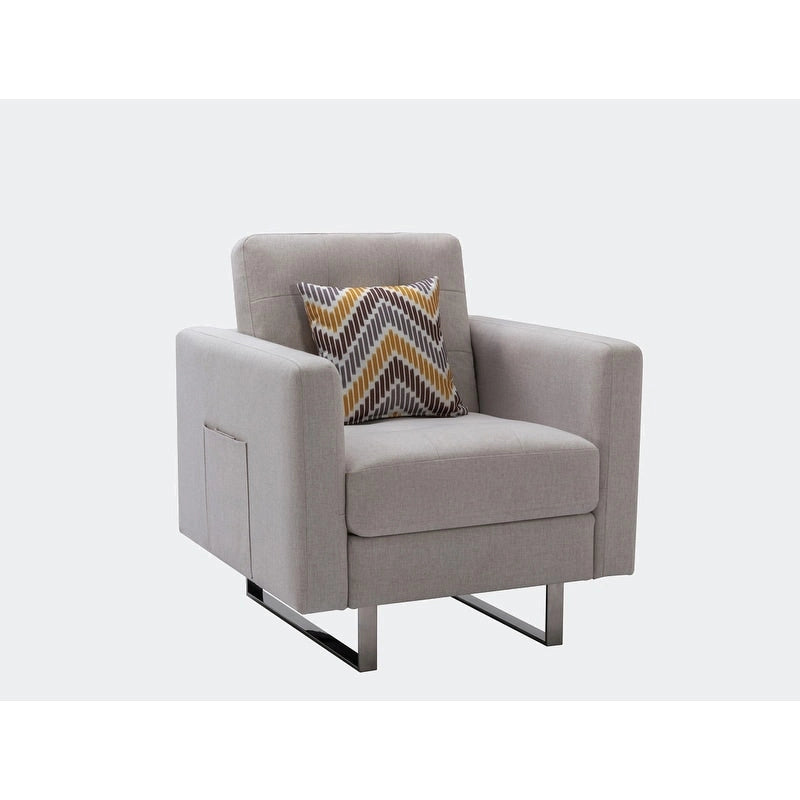 Fauteuil d'appoint en lin avec pieds en métal, poches latérales et oreiller