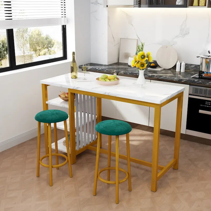 Table de Bar Effet Marbre avec Tabourets Rembourrés & Étagères de Rangement — Ensemble de 3 Pièces pour Salle à Manger