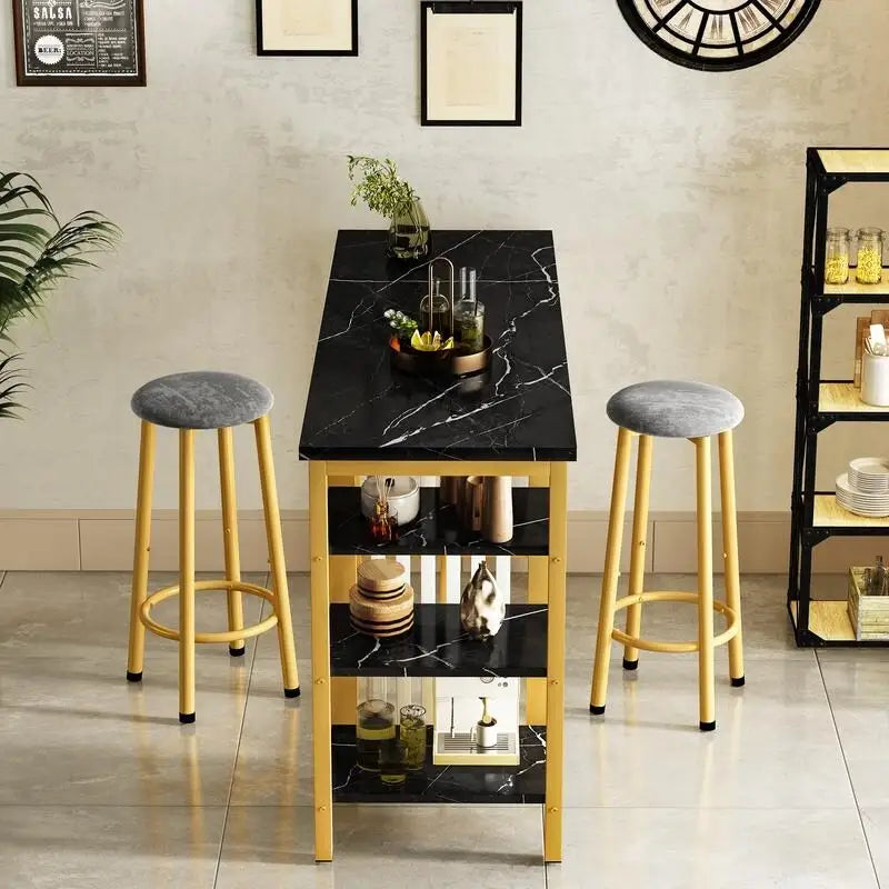 Table de Bar Effet Marbre avec Tabourets Rembourrés & Étagères de Rangement — Ensemble de 3 Pièces pour Salle à Manger