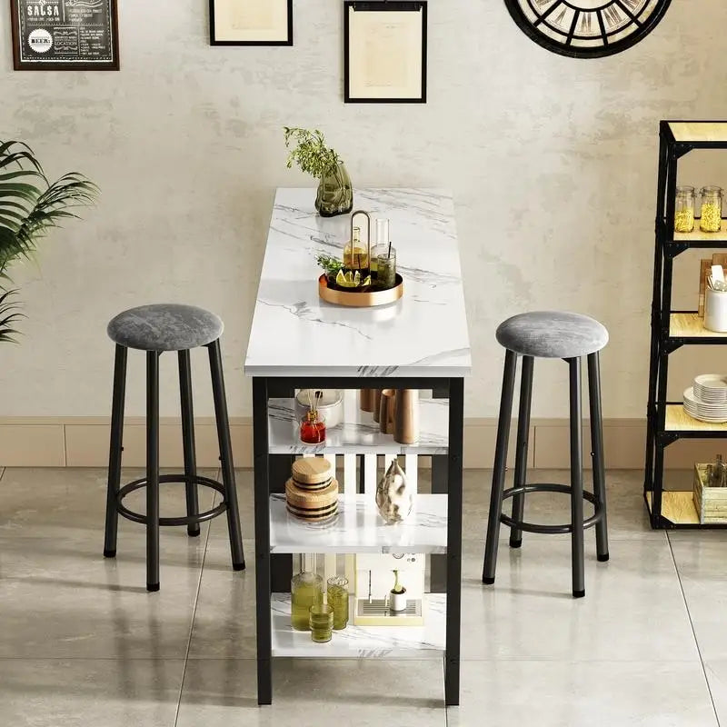 Table de Bar Effet Marbre avec Tabourets Rembourrés & Étagères de Rangement — Ensemble de 3 Pièces pour Salle à Manger