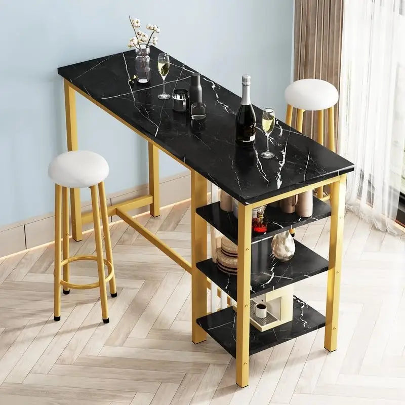 Table de Bar Effet Marbre avec Tabourets Rembourrés & Étagères de Rangement — Ensemble de 3 Pièces pour Salle à Manger