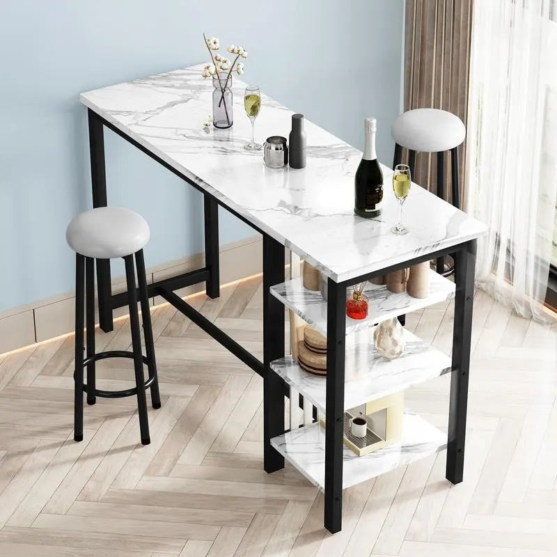 Table de Bar Effet Marbre avec Tabourets Rembourrés & Étagères de Rangement — Ensemble de 3 Pièces pour Salle à Manger