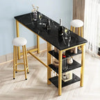 Table de Bar Effet Marbre avec Tabourets Rembourrés & Étagères de Rangement — Ensemble de 3 Pièces pour Salle à Manger