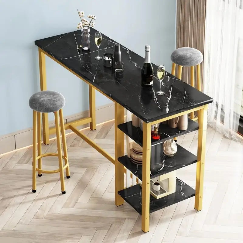 Table de Bar Effet Marbre avec Tabourets Rembourrés & Étagères de Rangement — Ensemble de 3 Pièces pour Salle à Manger