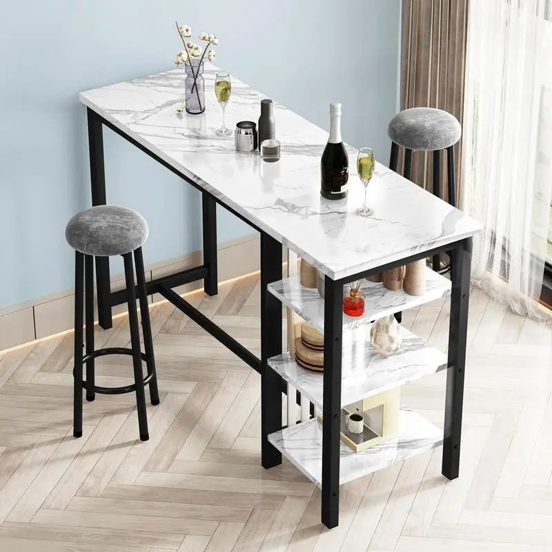 Table de Bar Effet Marbre avec Tabourets Rembourrés & Étagères de Rangement — Ensemble de 3 Pièces pour Salle à Manger