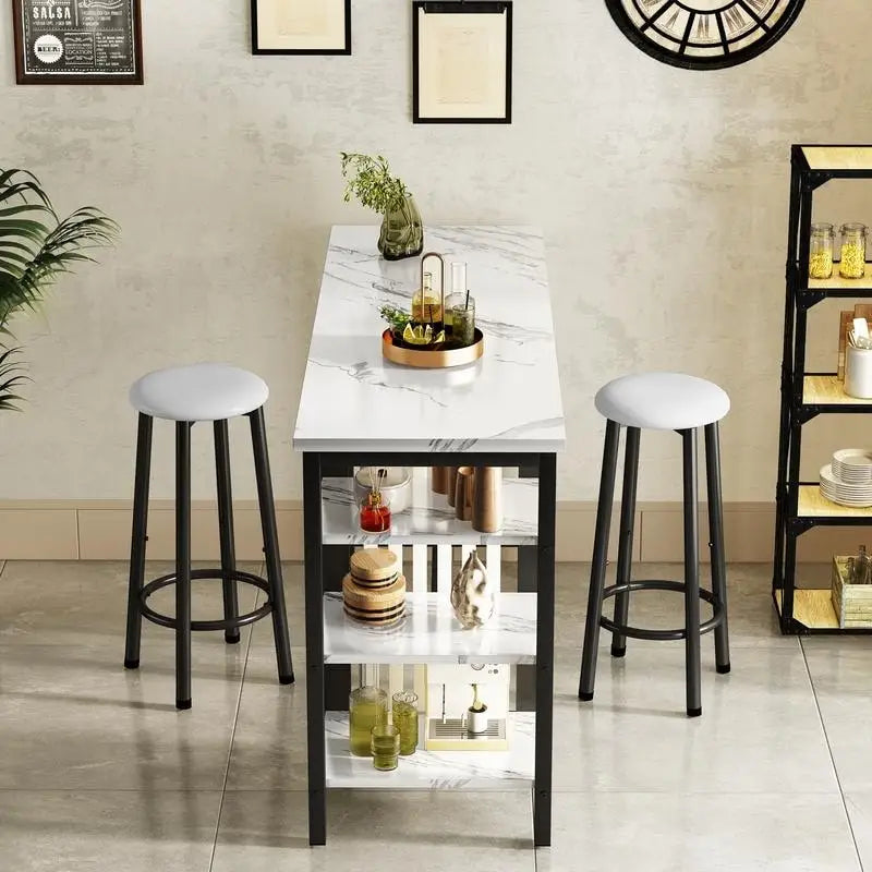 Table de Bar Effet Marbre avec Tabourets Rembourrés & Étagères de Rangement — Ensemble de 3 Pièces pour Salle à Manger