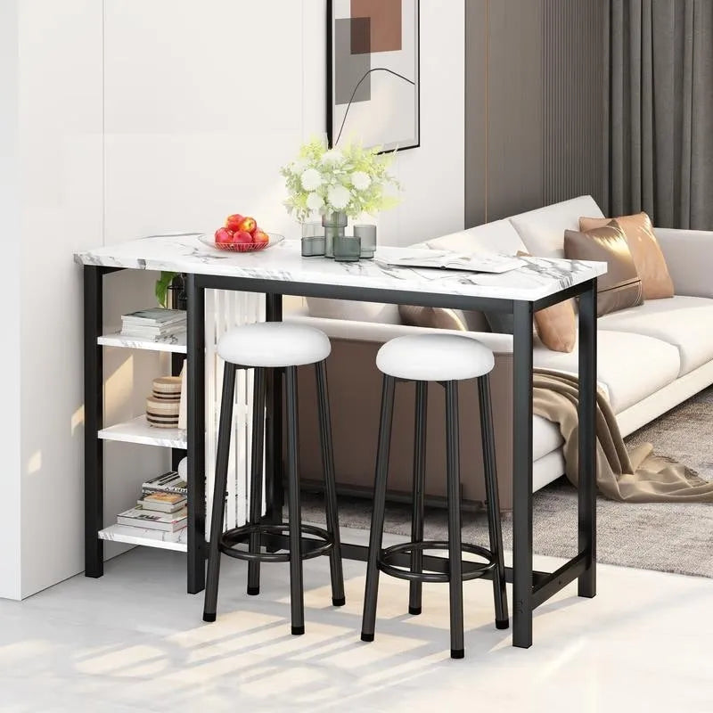 Table de Bar Effet Marbre avec Tabourets Rembourrés & Étagères de Rangement — Ensemble de 3 Pièces pour Salle à Manger