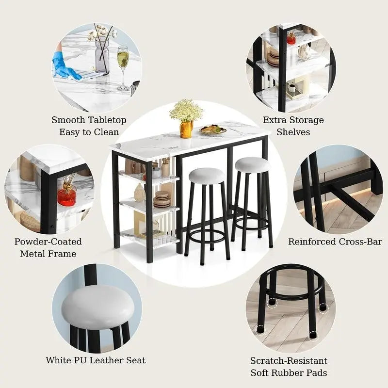 Table de Bar Effet Marbre avec Tabourets Rembourrés & Étagères de Rangement — Ensemble de 3 Pièces pour Salle à Manger