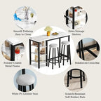 Table de Bar Effet Marbre avec Tabourets Rembourrés & Étagères de Rangement — Ensemble de 3 Pièces pour Salle à Manger
