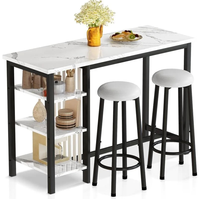 Table de Bar Effet Marbre avec Tabourets Rembourrés & Étagères de Rangement — Ensemble de 3 Pièces pour Salle à Manger