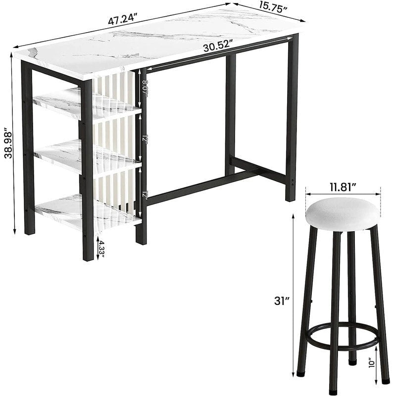 Table de Bar Effet Marbre avec Tabourets Rembourrés & Étagères de Rangement — Ensemble de 3 Pièces pour Salle à Manger