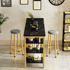Table de Bar Effet Marbre avec Tabourets Rembourrés & Étagères de Rangement — Ensemble de 3 Pièces pour Salle à Manger
