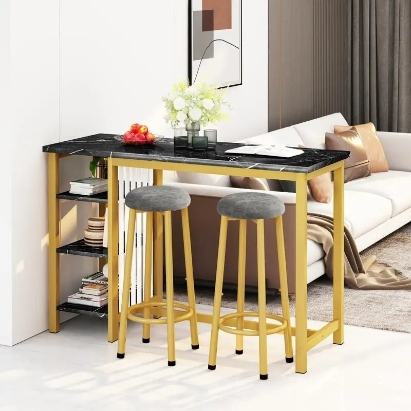 Table de Bar Effet Marbre avec Tabourets Rembourrés & Étagères de Rangement — Ensemble de 3 Pièces pour Salle à Manger