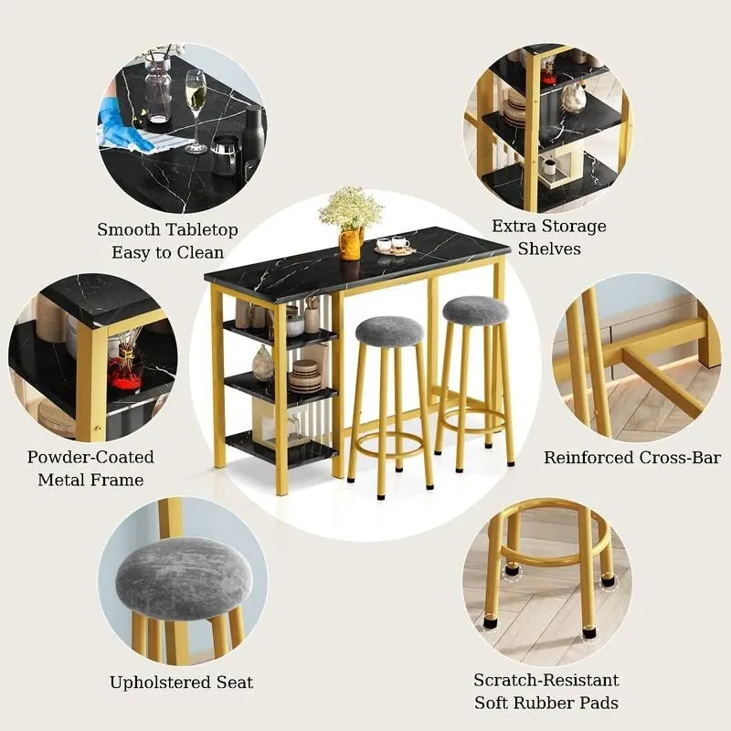 Table de Bar Effet Marbre avec Tabourets Rembourrés & Étagères de Rangement — Ensemble de 3 Pièces pour Salle à Manger