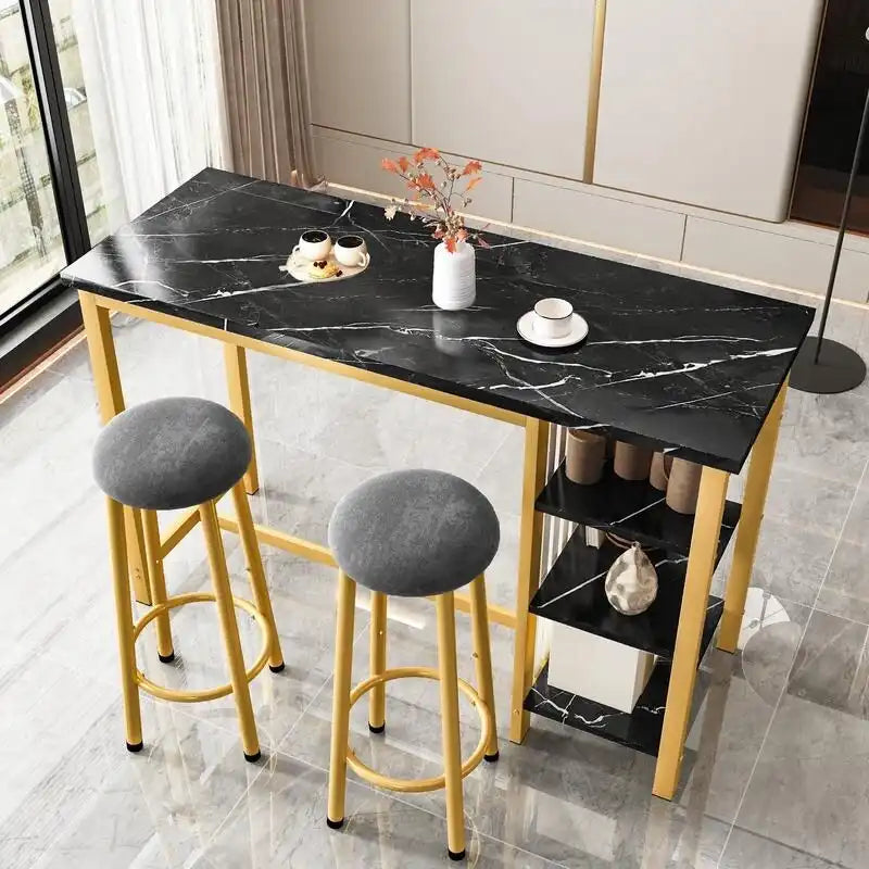 Table de Bar Effet Marbre avec Tabourets Rembourrés & Étagères de Rangement — Ensemble de 3 Pièces pour Salle à Manger