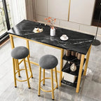 Table de Bar Effet Marbre avec Tabourets Rembourrés & Étagères de Rangement — Ensemble de 3 Pièces pour Salle à Manger